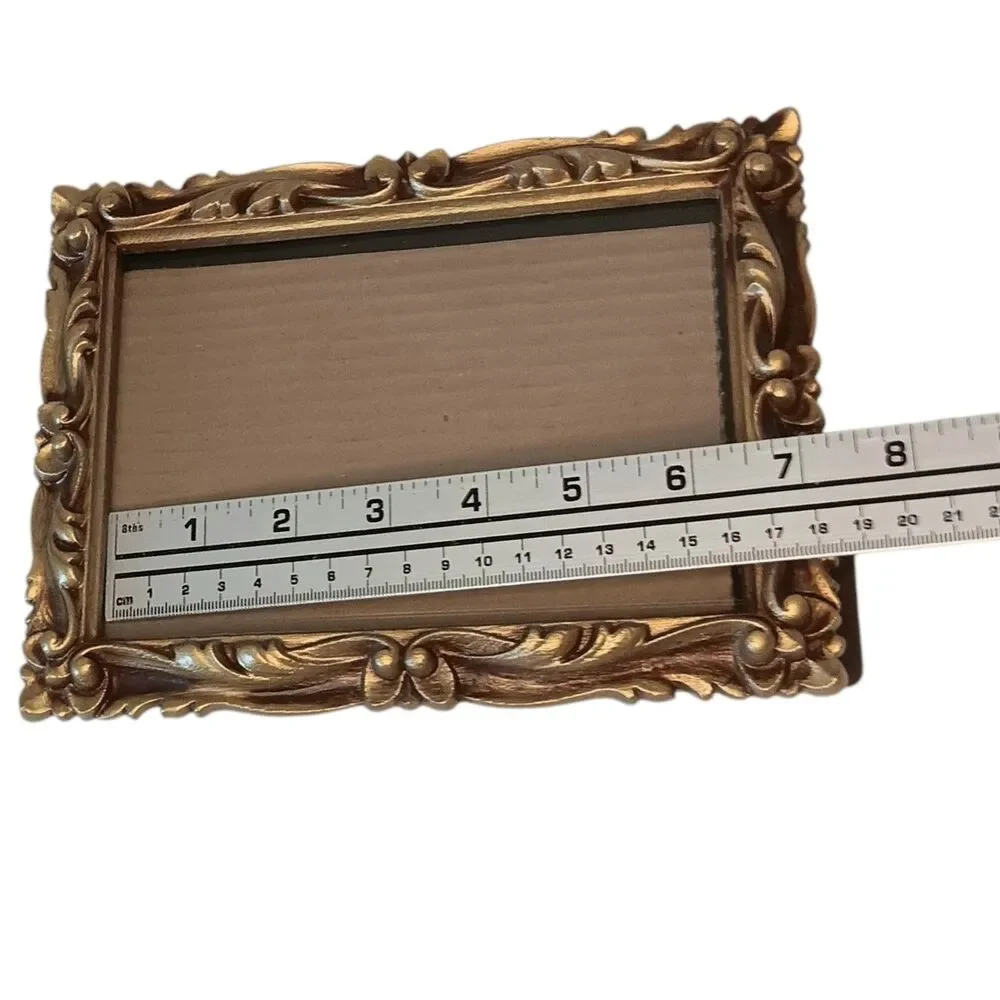 VTG 1973 Gold Bronze Photo Frame Resin Faux Carved Wood Ornate Scroll 8.25x6.25